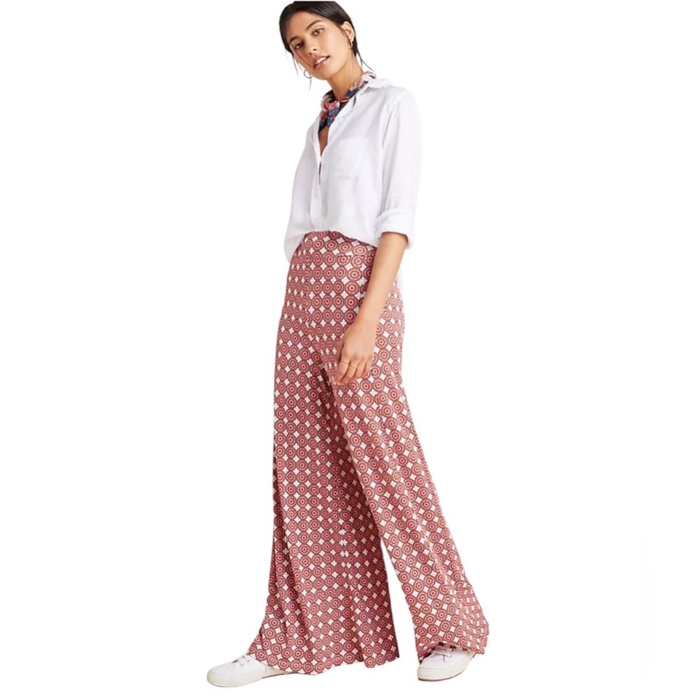 Farm Rio for Anthropologie Knit Wide-Leg Pants in Orange Geo -L